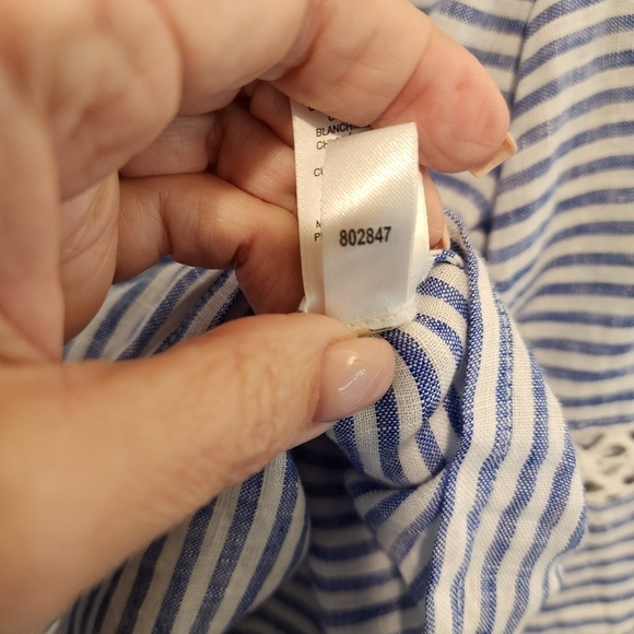 Chico's Blue White Striped Bell Sleeve Linen Blouse Top Crochet Boho Sz 1 Small - Picture 8 of 10